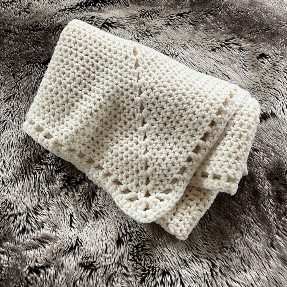 Vintage Handmade Crochet Baby Blanket Cream